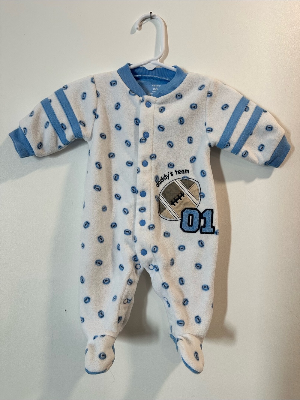 Carter's White & Blue Football Fleece Onesie - NB